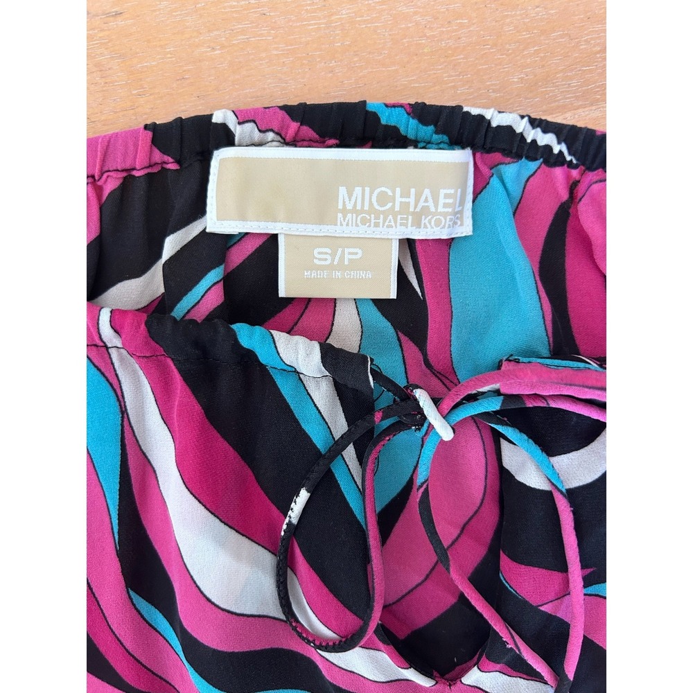 Michael Kors Silk Peasant Blouse Pink Blue Psychedelic Swirl Off Shoulder Small - Picture 5 of 8